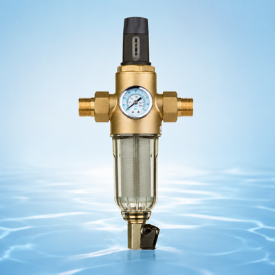 BriskSpring Handmatige Spoelwaterfilter voor het hele huis met 40 micron roestvrijstalen gaas, geïntegreerde drukmeter en premium H59-1 messing connector