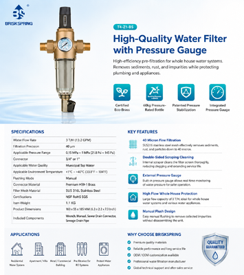 BriskSpring Handmatige Spoelwaterfilter voor het hele huis met 40 micron roestvrijstalen gaas, geïntegreerde drukmeter en premium H59-1 messing connector