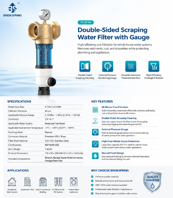 BriskSpring T1-Z2-BS Dubbelzijdige Schrapende Waterfilter voor het Hele Huis met 40 Micron Filtratie en Drukmeter