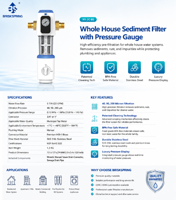 BriskSpring N1-2C-BS Waterfilter voor het hele huis met 40 micron filtratie en SUS316L roestvrijstalen gaas