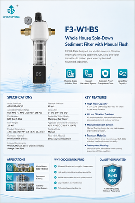 BriskSpring F3-W1-BS Waterfilter voor het hele huis met spin-down sediment voorfilter, 40 micron filtratie, SUS316L roestvrijstalen gaas en geïntegreerde drukmeter