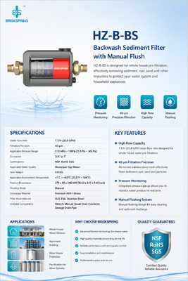 BriskSpring HZ-B-BS 40 Micron Whole House Sediment Pre Filter met SUS316L roestvrijstalen mesh en 7 T/H High Flow Capacity