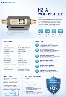 BriskSpring HZ-A 7 T/H 40 Micron Voorfilter voor sediment van het hele huis met 360 graden draaiende installatie