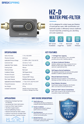 BriskSpring HZ-D 40 Micron Whole House Sediment Pre Filter met 7 T/H Flow en 360 graden draaiende installatie